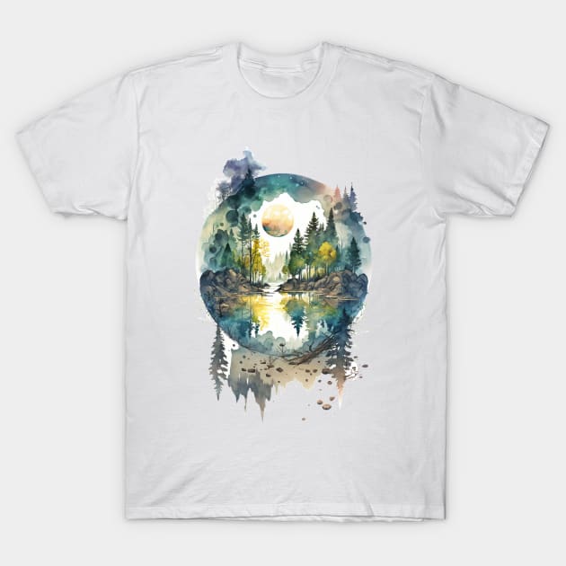 Mountain lake surrounded with trees T-Shirt by SMCLN